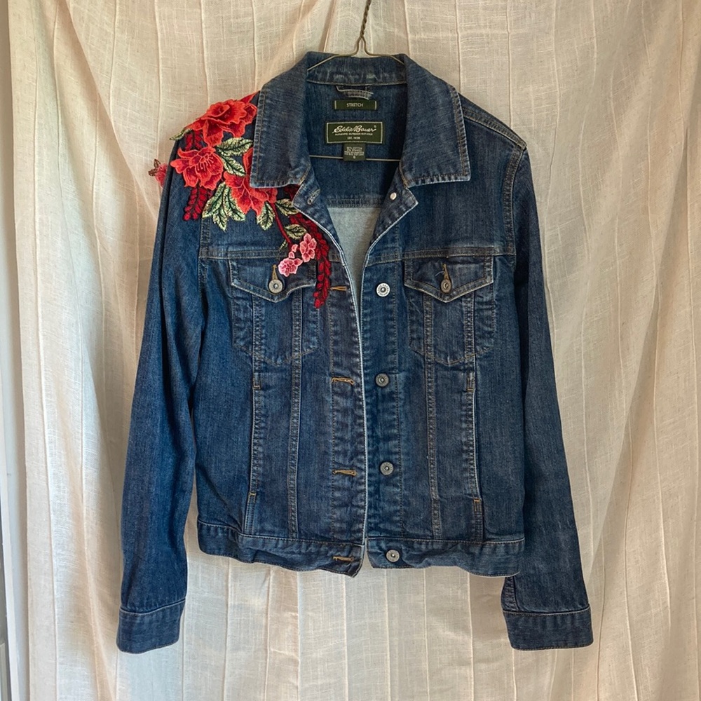 Eddie Bauer Women's Size S Jean Jacket with Floral Appliqué ONE OF A KIND